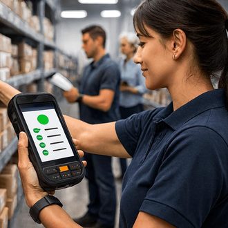 Operaria de depósito usando un dispositivo móvil frente a estantes con mercadería